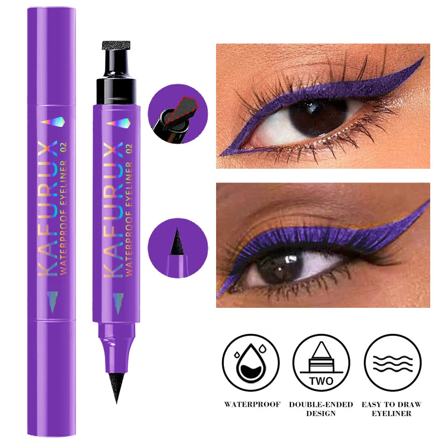 3-color Dual-ended stamp pen,eyeliner smooth quick-drying ,2 in 1 smudge-proof black purple blue eye makeup for women gifts