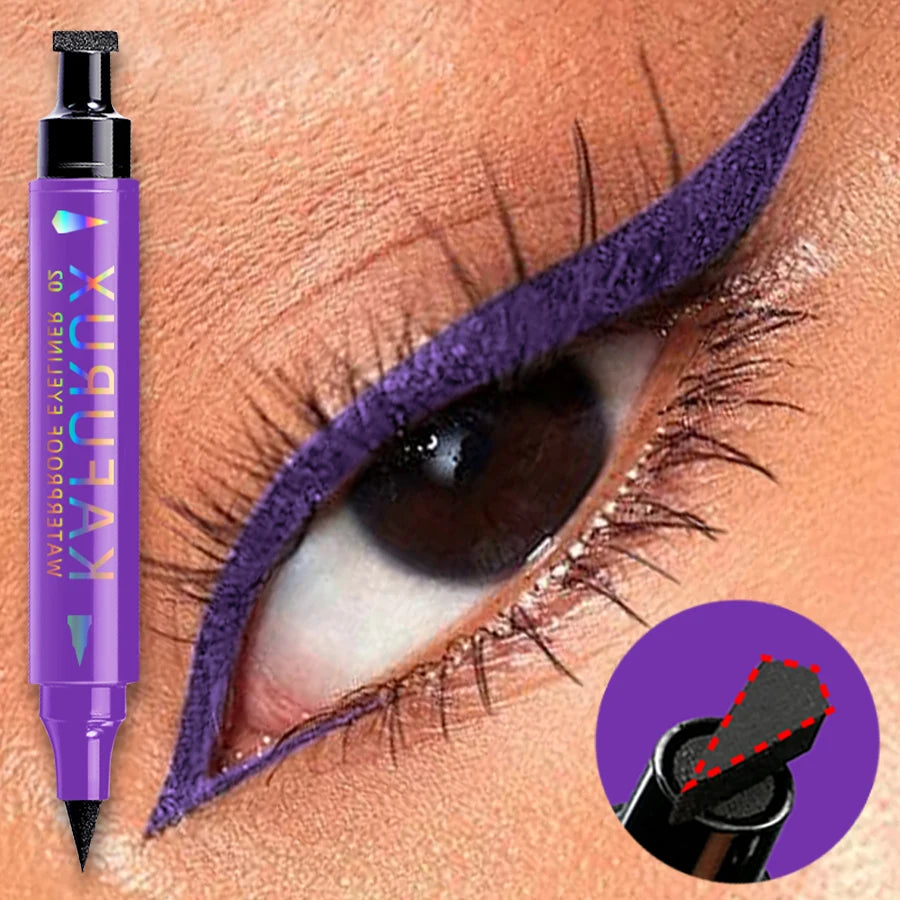 3-color Dual-ended stamp pen,eyeliner smooth quick-drying ,2 in 1 smudge-proof black purple blue eye makeup for women gifts