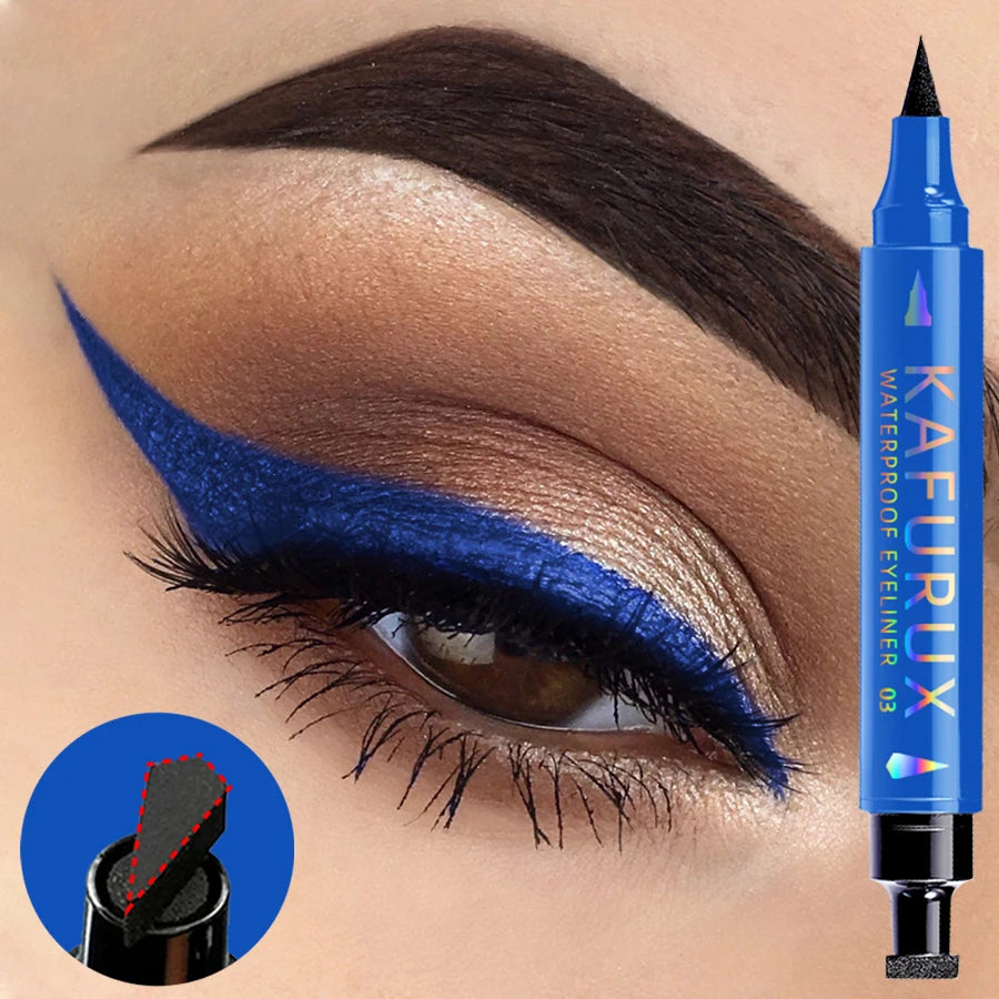 3-color Dual-ended stamp pen,eyeliner smooth quick-drying ,2 in 1 smudge-proof black purple blue eye makeup for women gifts