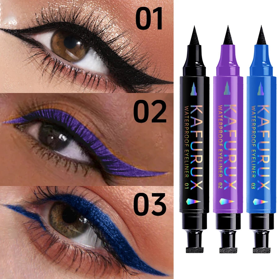 3-color Dual-ended stamp pen,eyeliner smooth quick-drying ,2 in 1 smudge-proof black purple blue eye makeup for women gifts