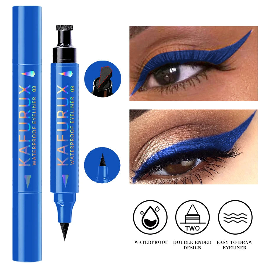 3-color Dual-ended stamp pen,eyeliner smooth quick-drying ,2 in 1 smudge-proof black purple blue eye makeup for women gifts