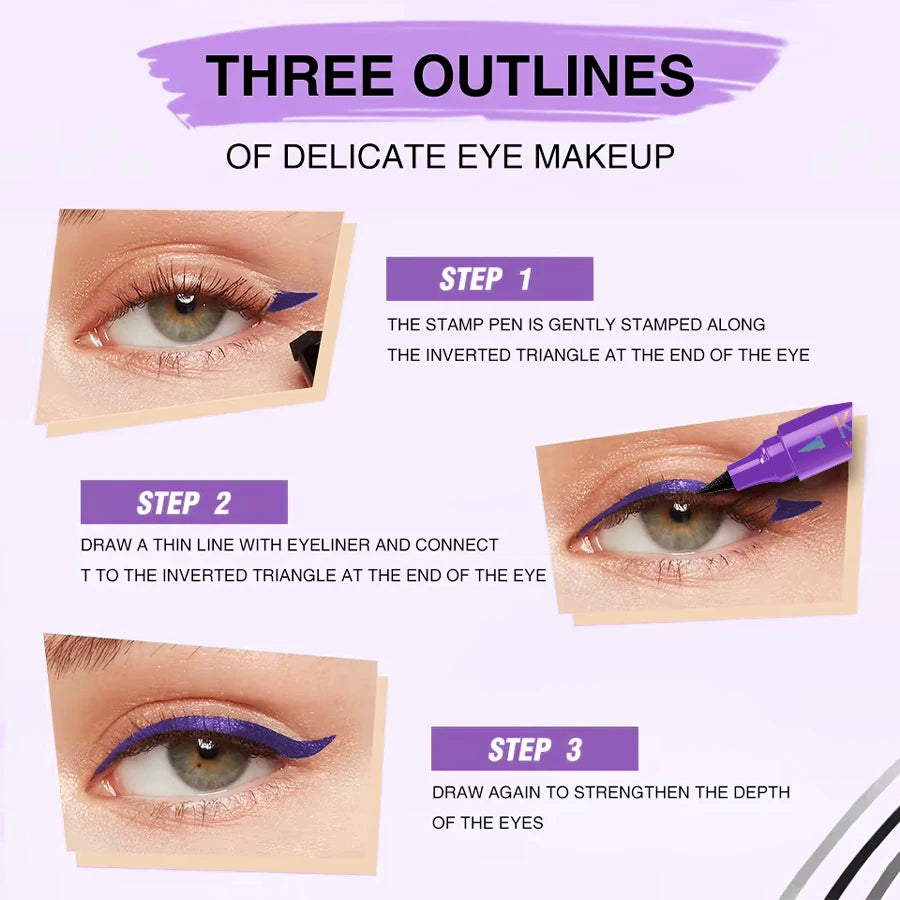 3-color Dual-ended stamp pen,eyeliner smooth quick-drying ,2 in 1 smudge-proof black purple blue eye makeup for women gifts