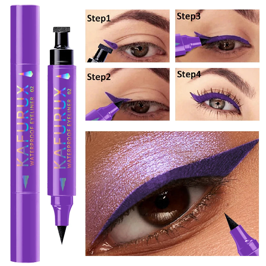 3-color Dual-ended stamp pen,eyeliner smooth quick-drying ,2 in 1 smudge-proof black purple blue eye makeup for women gifts