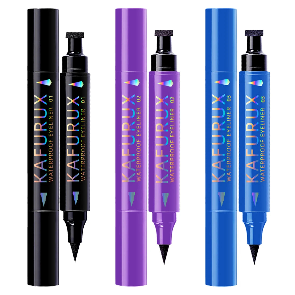 3-color Dual-ended stamp pen,eyeliner smooth quick-drying ,2 in 1 smudge-proof black purple blue eye makeup for women gifts